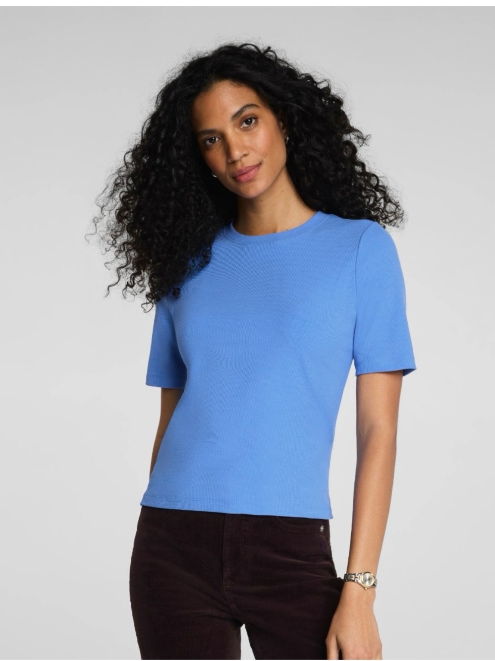 SPANX Ribbed Knit Short-Sleeve Crewneck Tee in Blue Size S NWOT